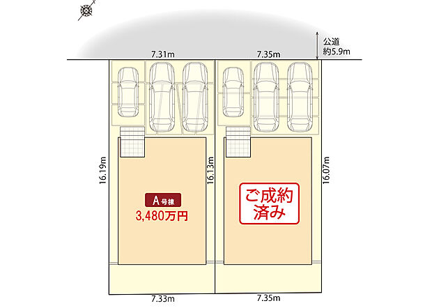 区画図
■並列駐車3台可能(車種による)
■前面道路幅員5.9ｍ