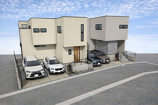 春日井市篠木町の家4期　外観パース　右：A号棟、左：B号棟
■未完成物件のためモデルハウスへのご案内も致します。
お気軽にお問合せください。
「0120-886-213」