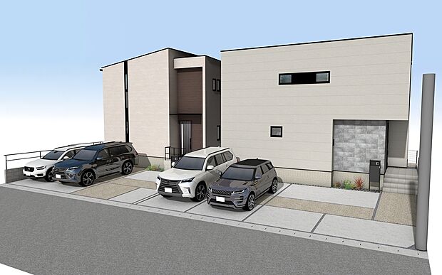 外観パース全体
■未完成物件の為、モデルハウスへのご案内も致します。お気軽にお問合せ下さいませ。