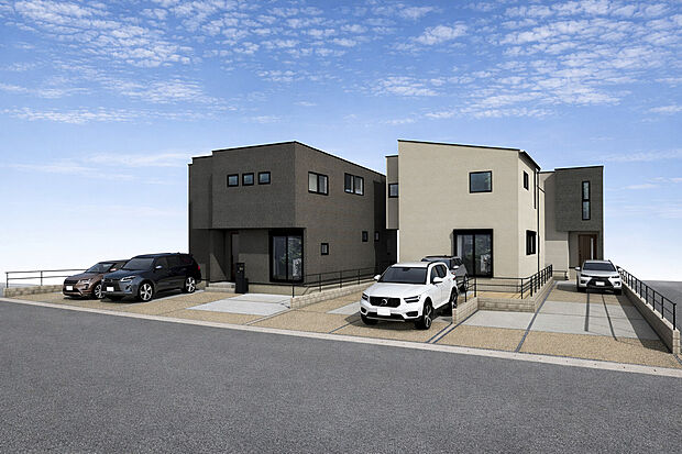 外観パース全体　左：A号棟、中央：B号棟、奥：C号棟
■未完成物件の為、モデルハウスへのご案内も致します。お気軽にお問合せ下さいませ。