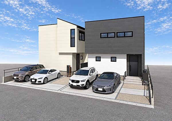 外観パース(右：A号棟、左：B号棟)
■完成いたしました。
お気軽に「0120-928-571」までお問合せ下さい！