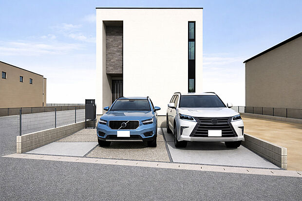 外観パース　D号棟
並列駐車2台可！
未完成物件の為モデルハウスへのご案内も致します。
平日・土日問わずお気軽にお問合せください。