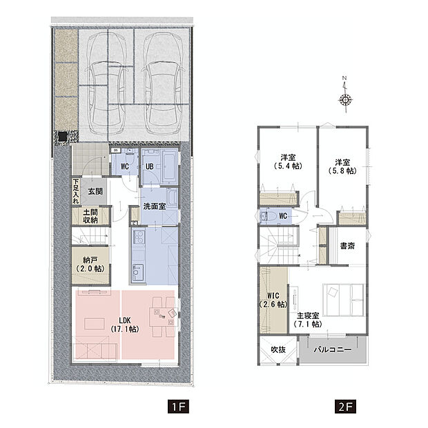 間取り図　天井が高く、優しい光が差し込む吹き抜けが開放的なくつろぎ空間を演出します！
