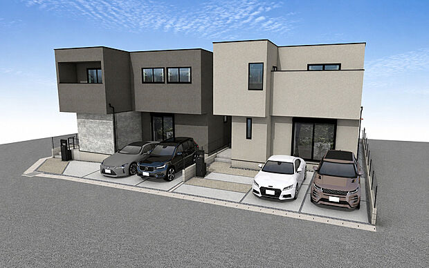 外観パース全体　左：A号棟、右：B号棟
■未完成物件の為、モデルハウスへのご案内も致します。お気軽にお問合せ下さいませ。