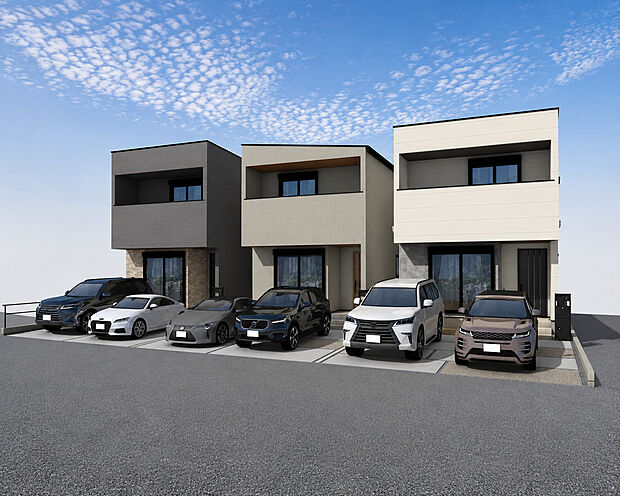 外観パース　注文住宅から生まれたこだわりの住まい。アクセントのある外観、洗練されたデザイン。構造計算による耐震等級3という、最高レベルで大切な家族を守る家です。

