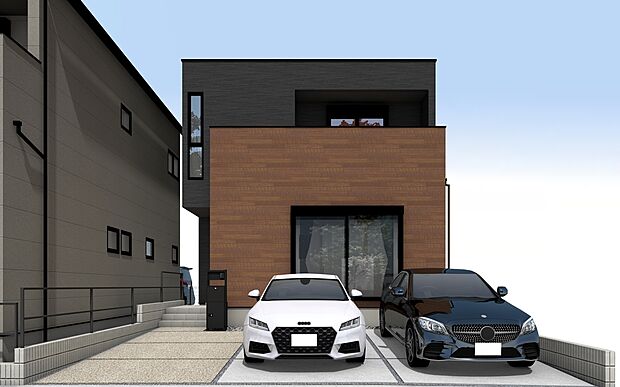 【B号棟】■黒い外壁に木目がアクセントの外観
■ブラウンベースのナチュラルモダンな内装に統一
■3台駐車が可能なゆとりのある外構計画