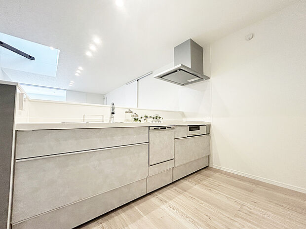 【キッチン　C号棟】リクシル　システムキッチン「ES」【キレイシンク】
シンク底面がフラットで排水口の見えないスッキリデザイン人造大理石製のシンク。
【タッチレス水栓】
吐水も止水も手をかざすだけなので省エネ効果が期待できます。
また、食器洗い乾燥機、熱のこもりにくいIHコンロ、お手入れのしやすい目地のないフラットなキッチンパネル採用するなど、毎日の家事を快適に行えるように厳選したシステムキッチンです。