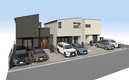 外観パース　左：A号棟、中央：B号棟、右：C号棟