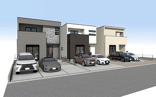 【外観パース】左:A号棟、中央:B号棟、右:C号棟