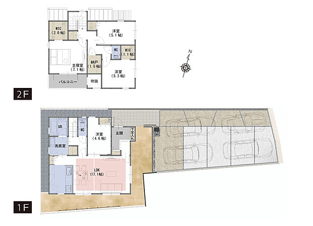 【4LDK+S】■吹抜がリビングをより明るく開放的な空間に
■かざすと水が出るタッチレス水栓
■掃除道具やレジャー用品等の収納に便利な納戸