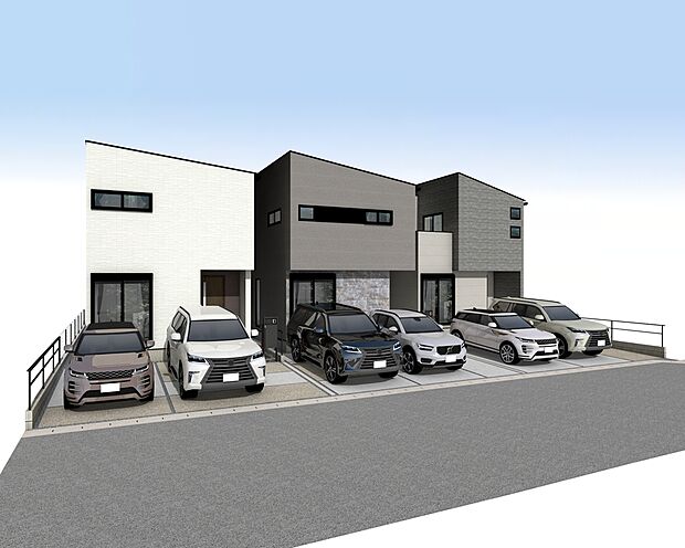 【外観パース全体 右:A号棟、中央:B号棟、左:C号棟】■未完成物件の為、モデルハウスへのご案内も致します。お気軽にお問合せ下さいませ。