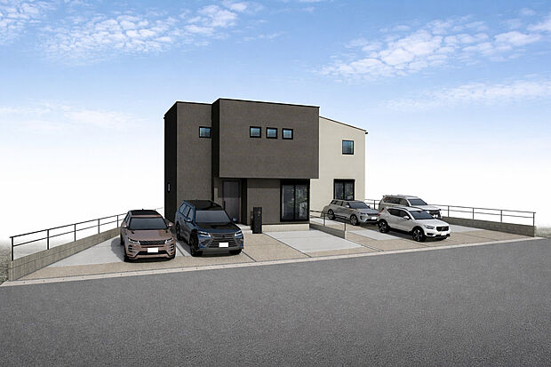 【外観パース全体　左：A号棟、右：B号棟】■未完成物件の為、モデルハウスへのご案内も致します。お気軽にお問合せ下さいませ。