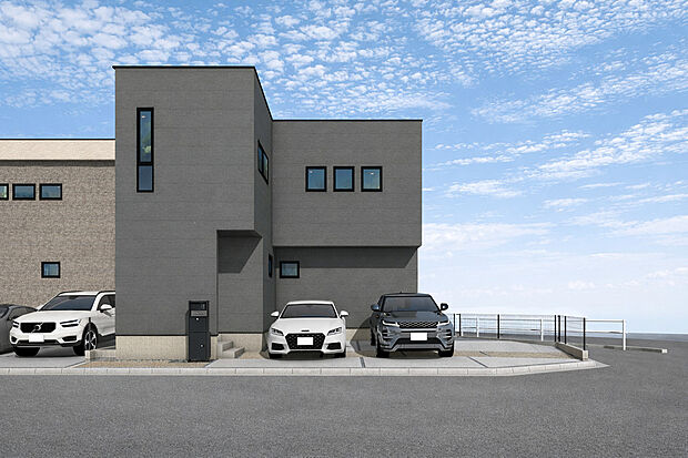 【外観パース B号棟 ※販売予定】ガス温水式床暖房を搭載。温風が出ない床暖房は、ホコリが立たず清潔です。