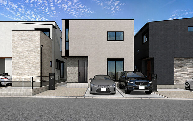 【現地外観パース　B号棟】■未完成物件の為、モデルハウスへのご案内も致します。
お気軽に「0120-928-571」までお問合せ下さい！