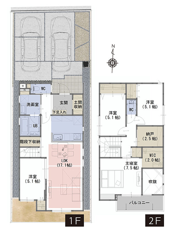 【4LDK+WIC+納戸+土間収納+階段下収納】■吹抜がリビングをより明るく、開放的な空間に
■リビングを見渡せる対面式キッチンだからお子様がいても安心です