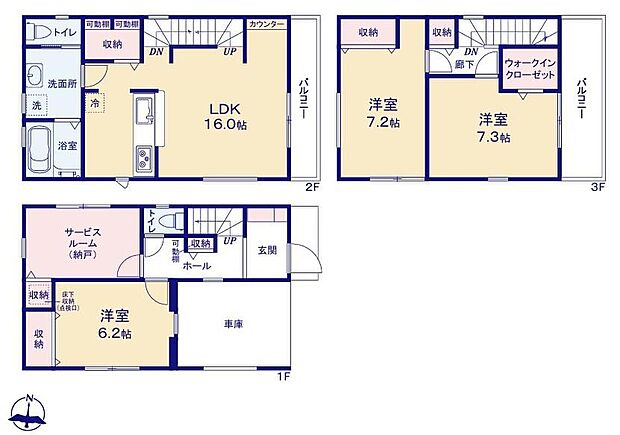 ≪1号棟間取図≫
道路からのプライバシーを確保しやすい「2階リビング」を採用。
キッチン横には1.5帖の大型パントリー（可動棚付き）があるため、まとめ買いしても安心ですね♪