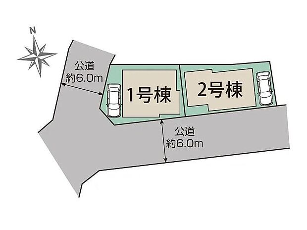 ≪全体区画図≫
南道路で日当たり良好！解放感のある角地☆
前面道路幅6mで、駐車も楽々♪