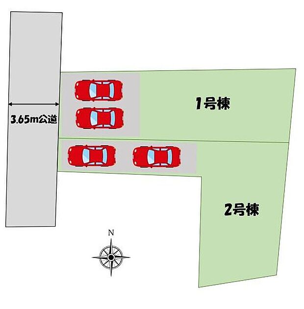 カースペース2台！1号棟は並列駐車可能！前面道路は交通量が少ないので、駐車も安心ですね！