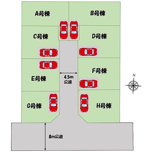 ≪全体区画図≫
カースペース1台♪前面道路は南側で幅も8mありますので、陽当たり・風通し共に良好!分譲地内に道路を通しており、ここで分譲地のコミュニティーができますね☆