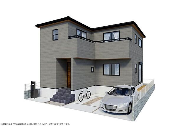 ≪完成予想図≫
落ち着いたグレーの外壁が印象的な木造2階建てです。※掲載の完成予想図は図面を基に描き起こしたもので、実際とは多少異なる場合がございます。