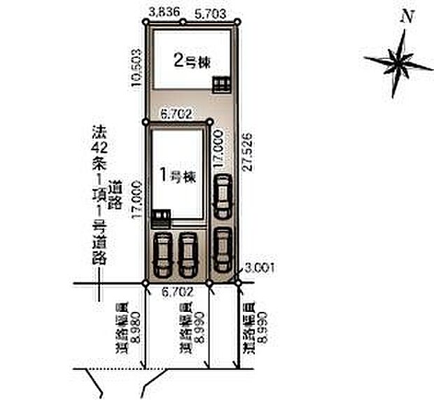 ≪全体区画図≫
カースペース2台♪
陽当りの良い道路に面したお住まい。道路幅も広めで、開放感たっぷり♪お車の出し入れも楽々です♪