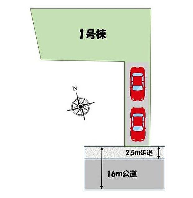 ≪全体区画図≫
カースペース2台♪
前面道路は南側なので、陽当たり・風通し共に良好です!道路幅も広いので、お車の駐車も安心です♪