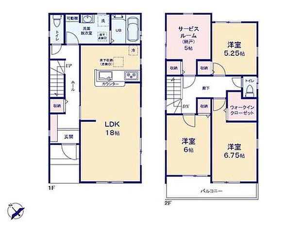 【3LDK+S】1階にワンフロアタイプのLDK、2階に4部屋をまとめた2階建プラン！ご家族それぞれのプライベート空間が確保しやすい間取りです♪