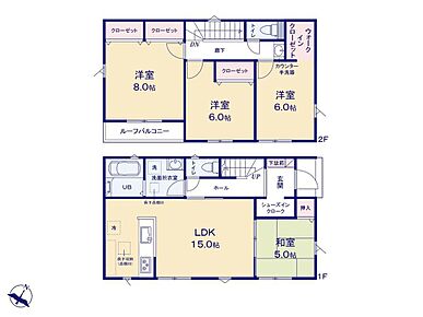 ウォークインクローゼットとシューズインクローゼットを備えた収納充実のお住まい！リビングとつながる和室付きのプラン♪お子さまが裸足で遊ぶスペースにも最適です。 