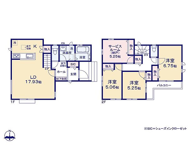 【4LDK】水廻りがキッチン近くにまとまった機能的なレイアウトで家事動線スムーズ♪リビングに散らかりがちな小物もスッキリと整理できるリビング内収納付き。
