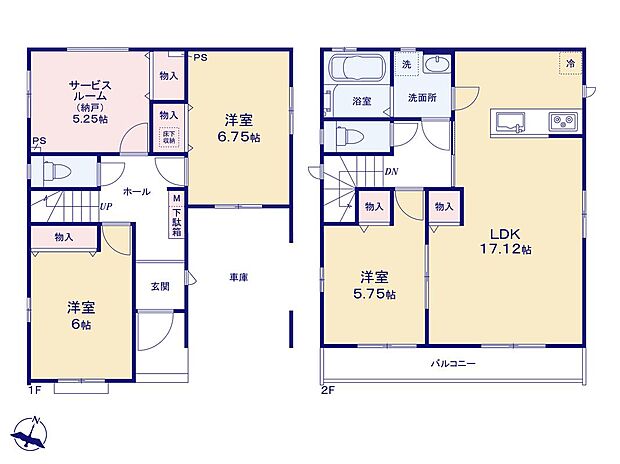 【3LDK+S】【2階建てプラン　長期優良住宅】家族と一声交わせるリビングイン階段、陽当りとプライバシー性に恵まれた２階リビングプラン！（ビルトイン車庫面積12.42m2）