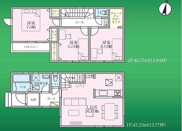 【3LDK】【2階建てプラン】1階にワンフロアタイプのLDK、2階に3居室をレイアウト。家族の時間とひとりの空間の両方を大切にできそうです☆
