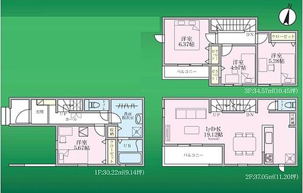 【4LDK】【3階建てプラン】陽当りとプライバシー性に恵まれた2階リビングプランを採用、ゆとりある約19帖！道路からの人目を気にすることなく寛げます♪