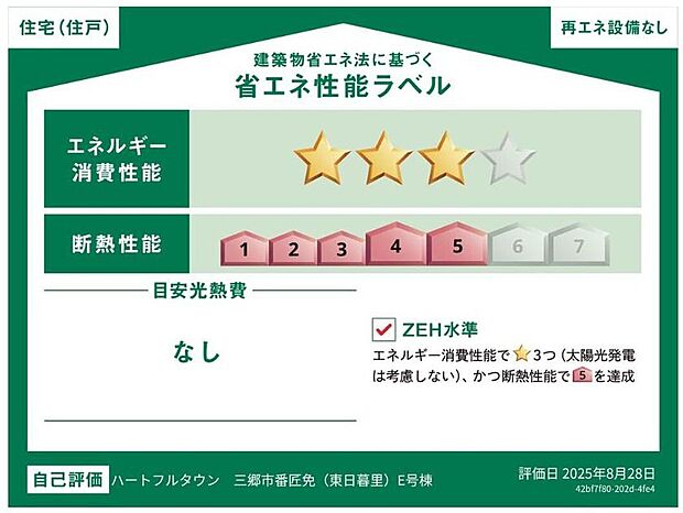 【【省エネ性能ラベル】】こちらの物件はZEH水準を満たした、省エネ性能に優れた物件です。　光熱費を抑えて暮らすことができるだけでなく、「熱の入りにくさ・逃げにくさ」という観点でも影響を受けにくい建物のため、長く快適にお過ごしいただけます♪　※本ラベルは特定の住戸の性能を示すものであり、全ての住戸の性能を示すものではありません。