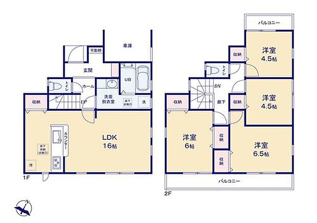【4LDK】1階にワンフロアタイプのLDK、2階に4居室をレイアウト。家族の時間とひとりの空間の両方を大切にできそうです☆