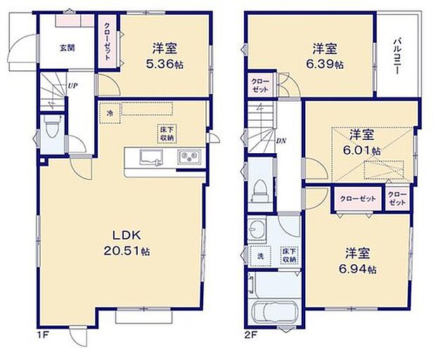 【4LDK】広々20.51帖のLDK！対面キッチンからはLDK全体を見渡せます！贅沢なほどの大空間LDKは家族で過ごす時間が楽しみになりそうです♪各居室には収納を完備！お部屋をスッキリとご使用いただけます♪