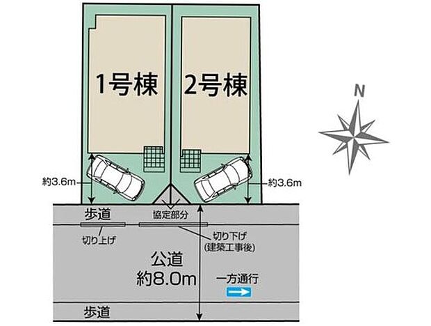 【全体区画図】全邸に車高を気にせず駐車できるカースペース完備☆（※車種による）歩道のある幅8mの南道路接道！