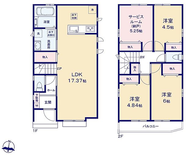 【3LDK+S】広々17.37帖のLDK！対面キッチンからはLDK全体を見渡せます♪家族のコミュニケーションが生まれるリビングイン階段プラン♪ご家族が集う空間と、個の時間を大切にする居室をしっかり分け合える2階3居室プラン！