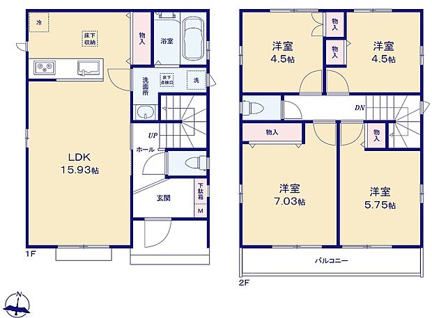 【4LDK】広々15.93帖のLDK！対面キッチンからはLDK全体を見渡せます♪ご家族が集う空間と、個の時間を大切にする居室をしっかり分け合える2階4居室プラン♪各居室に収納を完備しているのでお部屋もスッキリご使用頂けます♪