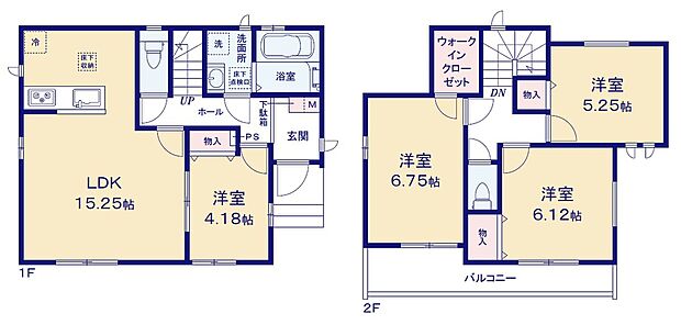 【4LDK】広々15.25帖のLDK！対面キッチンからはLDK全体を見渡せます♪リビングに続き間の4帖の洋室があります！来客時にも小さなお子様をお持ちの方にも便利♪ウォークインクローゼットをはじめ各居室に収納を完備♪
