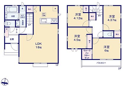 広々18帖のLDK！対面キッチンからはLDK全体を見渡せます♪ご家族が集う空間と、個の時間を大切にする居室をしっかり分け合える2階4居室プラン♪主寝室のウォークインクローゼットをはじめ、各居室に収納を完備♪ 