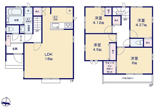 【4LDK】広々18帖のLDK！対面キッチンからはLDK全体を見渡せます♪ご家族が集う空間と、個の時間を大切にする居室をしっかり分け合える2階4居室プラン♪主寝室のウォークインクローゼットをはじめ、各居室に収納を完備♪
