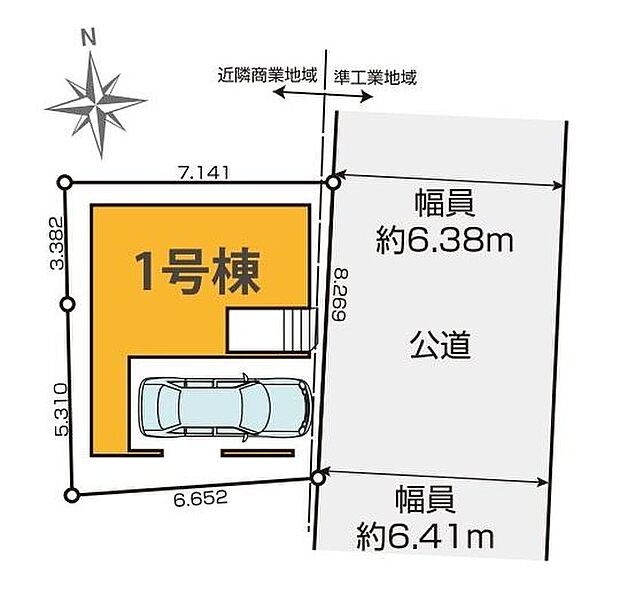 【全体区画図】愛車を埃や強い日差しから守るビルトインガレージ♪前面の道路は6m以上をゆとりのある広さなのでお車の駐車もスムーズです!