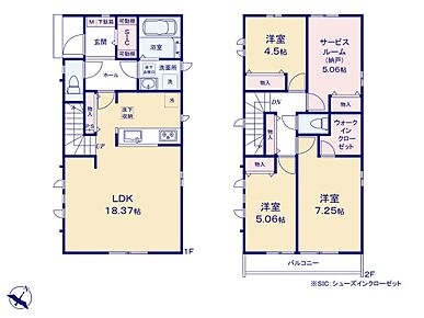 LDKは広々18.3帖！対面キッチンからはLDK全体を見渡せます♪SICやWICなど充実の収納でお部屋もスッキリ♪2階に4部屋をまとめることで、ご家族それぞれのプライベート空間も保てます♪ 