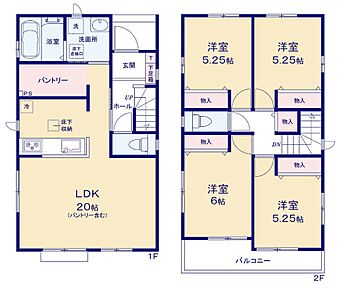 広々20帖のLDK！対面キッチンからはLDK全体を見渡せます♪パントリーがあるので食材を買いだめできます♪洋室を2階に集約し、プライバシーにも配慮した間取りプランです♪ 