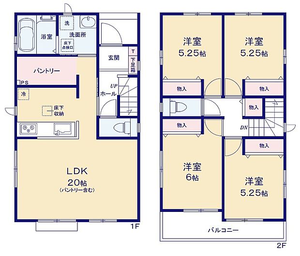 【4LDK】広々20帖のLDK！対面キッチンからはLDK全体を見渡せます♪パントリーがあるので食材を買いだめできます♪洋室を2階に集約し、プライバシーにも配慮した間取りプランです♪