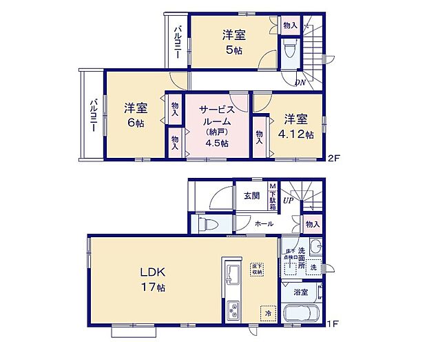 【3LDK+S】LDKはゆったり17帖♪全居室に収納があるので家族それぞれが自分の衣類などを管理できます☆水回りのまとまった家事導線スムーズな間取りです◎