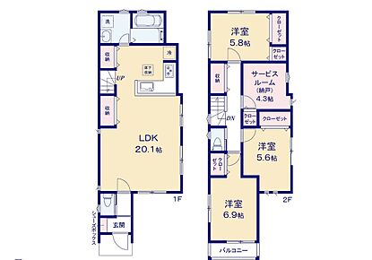 広々20.1帖のLDK！対面キッチンからはLDK全体を見渡せます♪洋室を2階に集約し、プライバシーにも配慮した間取りプラン♪全居室に収納を完備しているので、お部屋もスッキリとご使用頂けます♪ 