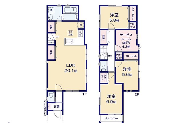【3LDK+S】広々20.1帖のLDK!対面キッチンからはLDK全体を見渡せます♪洋室を2階に集約し、プライバシーにも配慮した間取りプラン♪全居室に収納を完備しているので、お部屋もスッキリとご使用頂けます♪