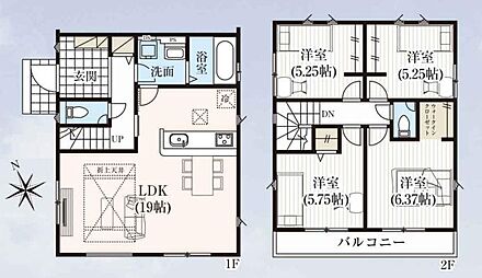 LDKは広々19帖でゆったりとした家族団らんの時間が過ごせますね♪2階洋室には衣類をすっきり収納できるウォークインクローゼット完備☆水回りのまとまった家事導線スムーズな間取り◎ 