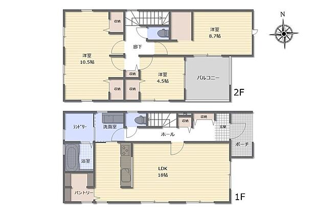 【3LDK】LDKはゆったり18帖♪キッチン裏には買い置きにも便利な広めのパントリー完備◎10.5帖の洋室は間仕切りをつけることもできますのでライフスタイルの変化にも対応できます☆